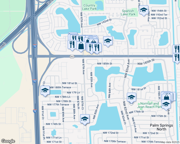 map of restaurants, bars, coffee shops, grocery stores, and more near 18241 Northwest 86th Avenue in Hialeah