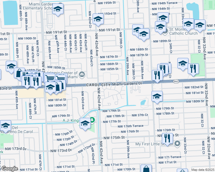 map of restaurants, bars, coffee shops, grocery stores, and more near 18237 Northwest 41st Court in Miami Gardens