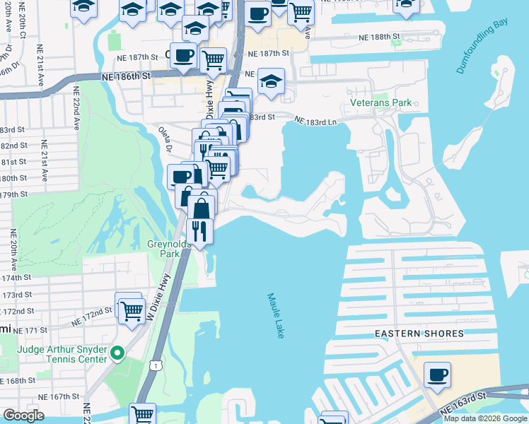 map of restaurants, bars, coffee shops, grocery stores, and more near Point East Drive in Aventura