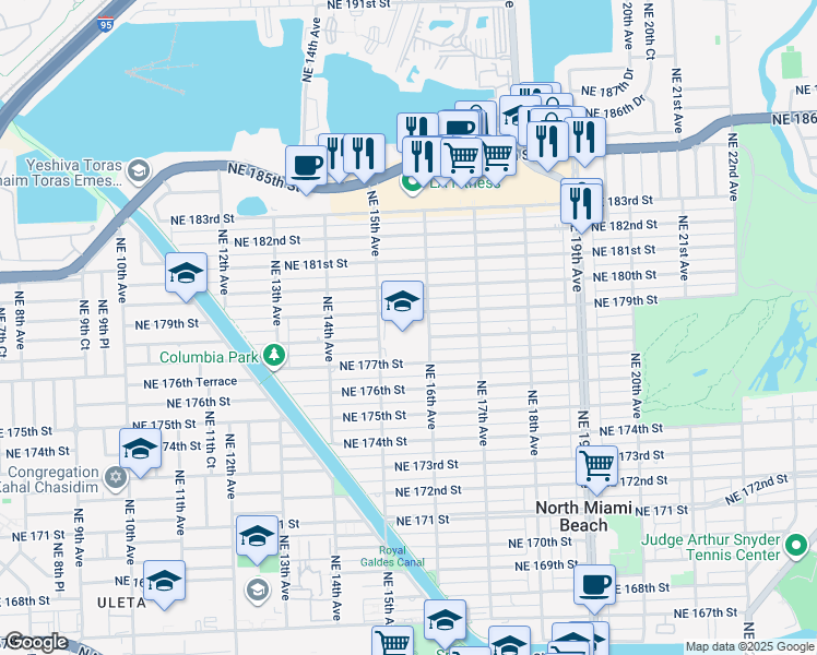 map of restaurants, bars, coffee shops, grocery stores, and more near 1536 Northeast 179th Street in North Miami Beach