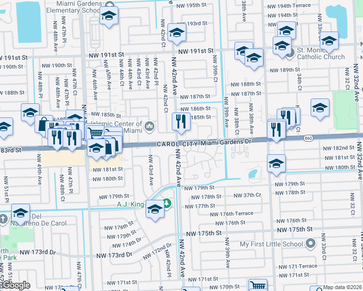 map of restaurants, bars, coffee shops, grocery stores, and more near in Miami Gardens