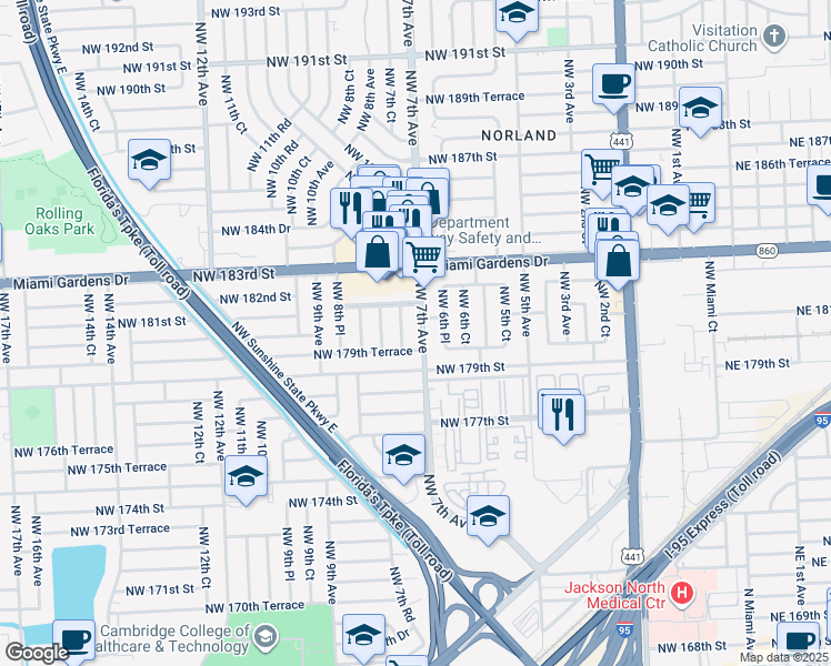map of restaurants, bars, coffee shops, grocery stores, and more near 17940 Northwest 7th Court in Miami