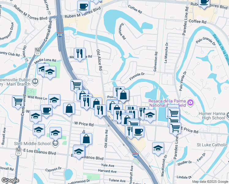 map of restaurants, bars, coffee shops, grocery stores, and more near 121 Stillinger Drive in Brownsville
