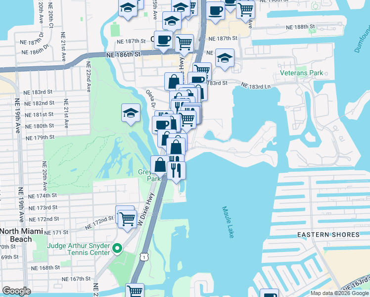 map of restaurants, bars, coffee shops, grocery stores, and more near 2910 Point East Drive in Aventura