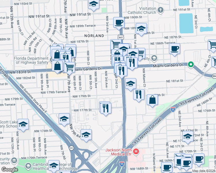 map of restaurants, bars, coffee shops, grocery stores, and more near 351 Northwest 179th Terrace in Miami Gardens