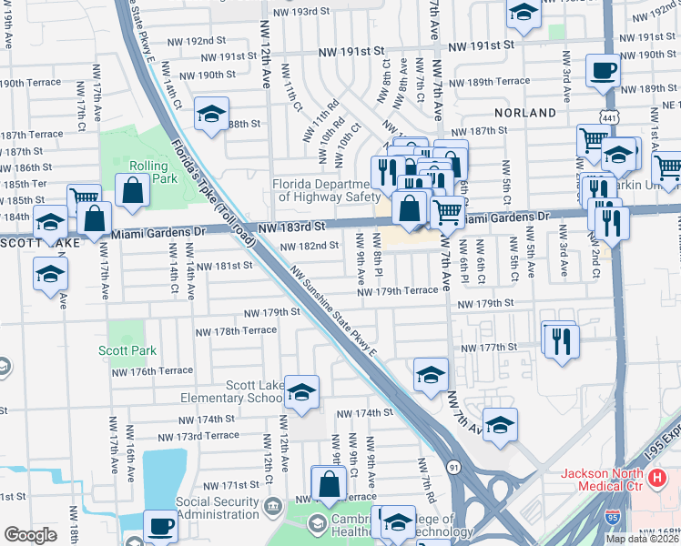 map of restaurants, bars, coffee shops, grocery stores, and more near 960 Northwest 180th Terrace in Miami