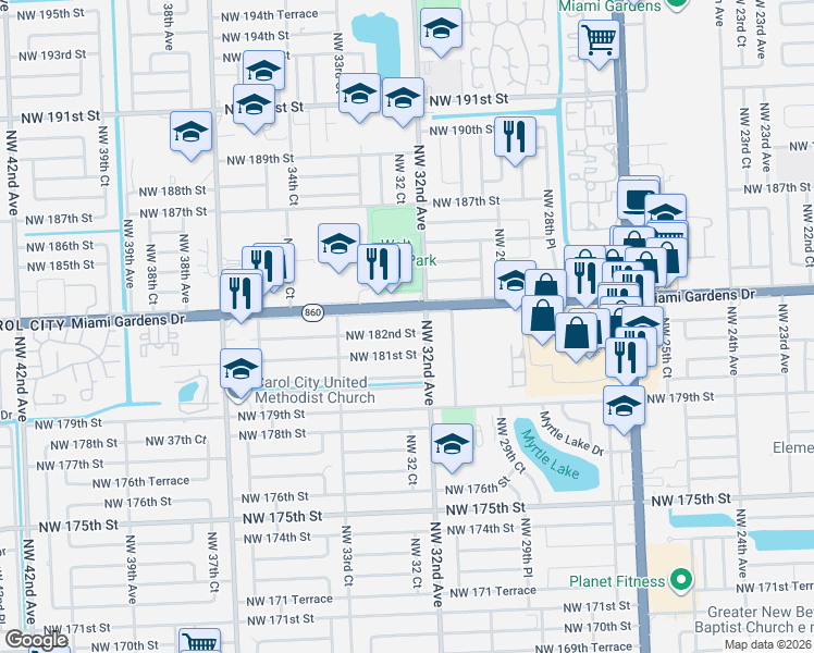 map of restaurants, bars, coffee shops, grocery stores, and more near 3242 Northwest 182nd Street in Miami Gardens