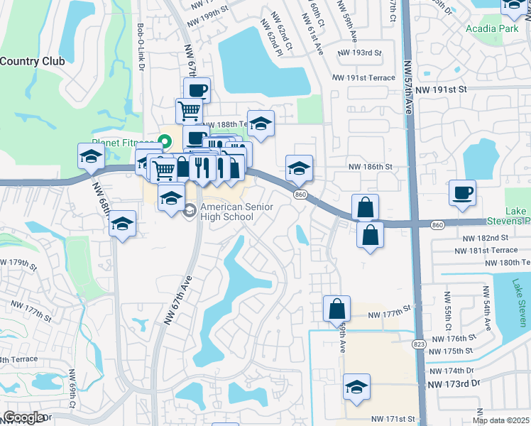 map of restaurants, bars, coffee shops, grocery stores, and more near 18198 Northwest 61st Court in Hialeah