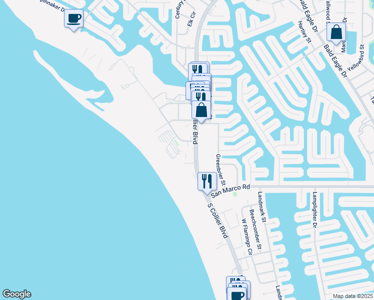 map of restaurants, bars, coffee shops, grocery stores, and more near 130 North Collier Boulevard in Marco Island
