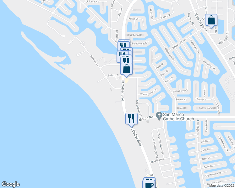 map of restaurants, bars, coffee shops, grocery stores, and more near 130 North Collier Boulevard in Marco Island