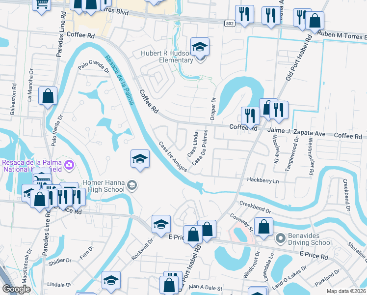 map of restaurants, bars, coffee shops, grocery stores, and more near 30 Casa Linda in Brownsville