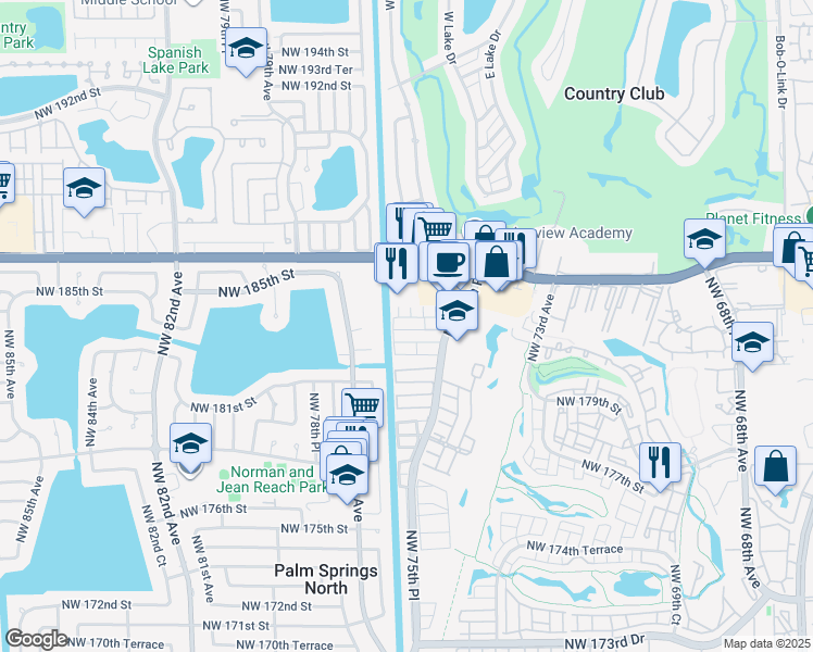 map of restaurants, bars, coffee shops, grocery stores, and more near 7643 Northwest 182nd Lane in Hialeah