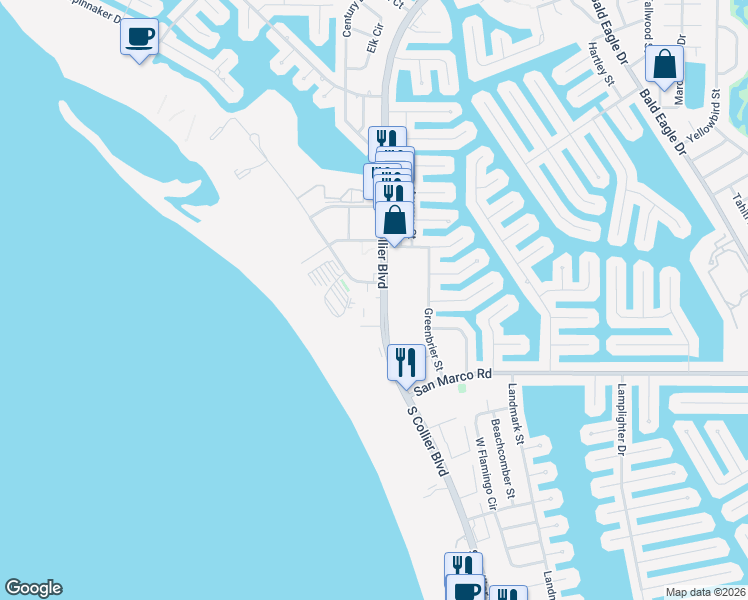 map of restaurants, bars, coffee shops, grocery stores, and more near 130 North Collier Boulevard in Marco Island