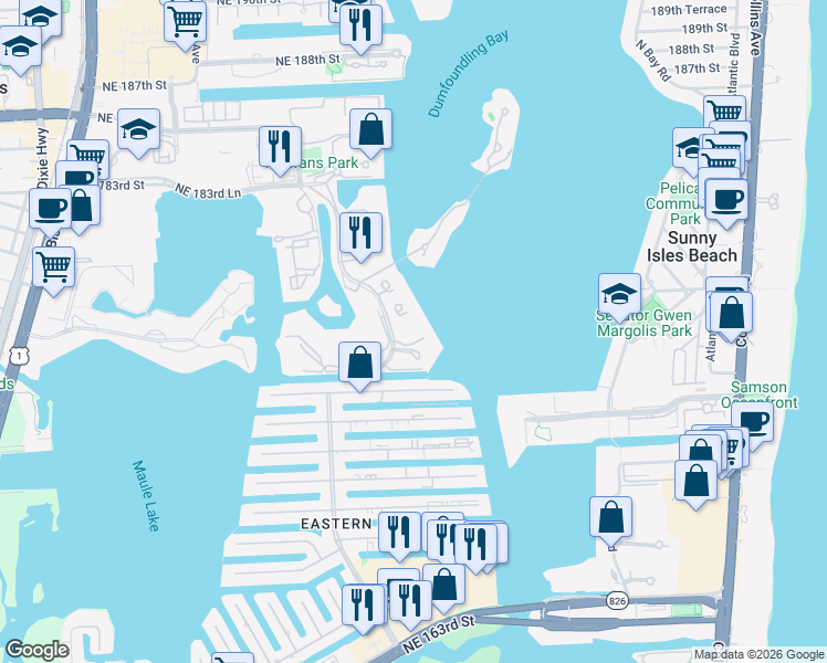 map of restaurants, bars, coffee shops, grocery stores, and more near 2800 Island Boulevard in Aventura