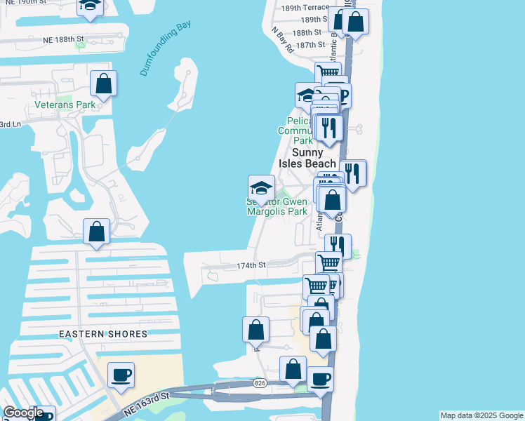 map of restaurants, bars, coffee shops, grocery stores, and more near 17775 178th Drive in Sunny Isles Beach
