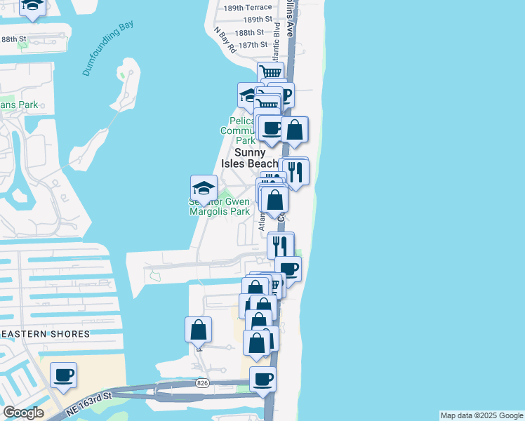 map of restaurants, bars, coffee shops, grocery stores, and more near 17555 Atlantic Boulevard in Sunny Isles Beach
