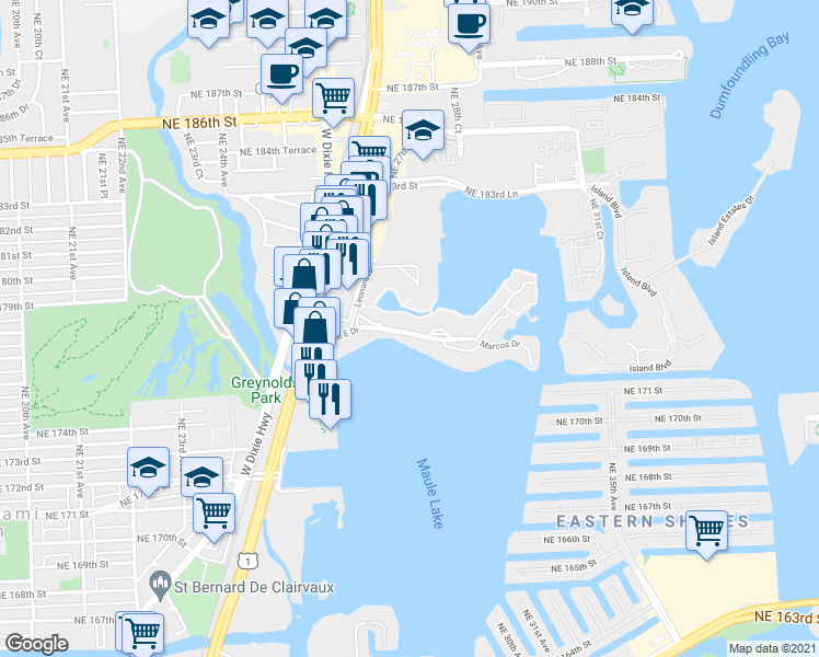 map of restaurants, bars, coffee shops, grocery stores, and more near 2903 Point East Drive in Aventura
