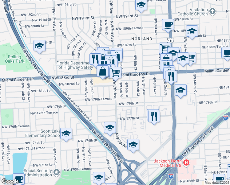 map of restaurants, bars, coffee shops, grocery stores, and more near 17950 Northwest 6th Place in Miami