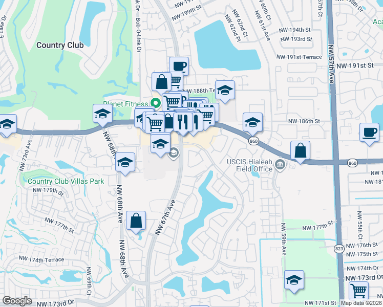 map of restaurants, bars, coffee shops, grocery stores, and more near 18266 Mediterranean Boulevard in Hialeah