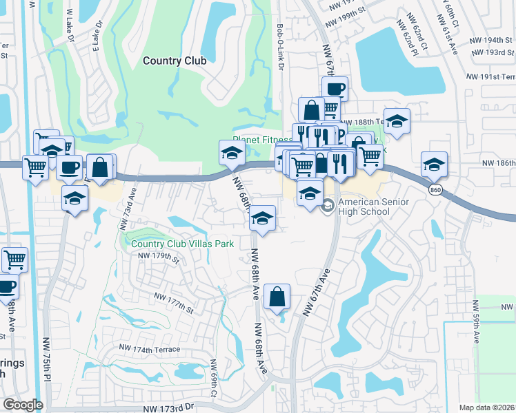 map of restaurants, bars, coffee shops, grocery stores, and more near 1844 Northwest 68th Avenue in Hialeah