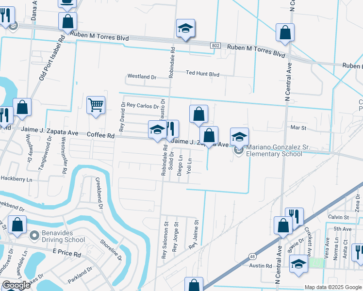 map of restaurants, bars, coffee shops, grocery stores, and more near 3999 Solid Drive in Brownsville