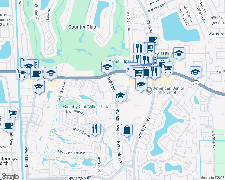 map of restaurants, bars, coffee shops, grocery stores, and more near 18306 Northwest 68th Avenue in Hialeah