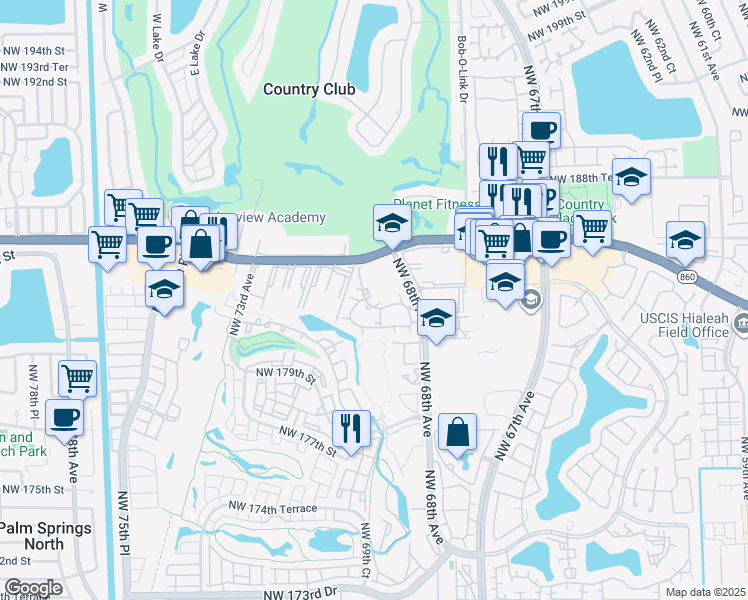 map of restaurants, bars, coffee shops, grocery stores, and more near 18330 Northwest 68th Avenue in Hialeah