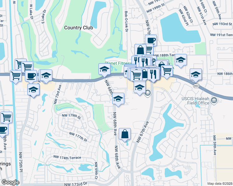 map of restaurants, bars, coffee shops, grocery stores, and more near 18335 Northwest 68th Avenue in Hialeah