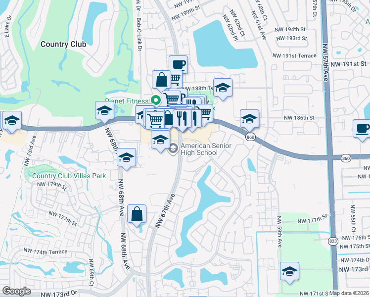 map of restaurants, bars, coffee shops, grocery stores, and more near 18220 Mediterranean Boulevard in Hialeah