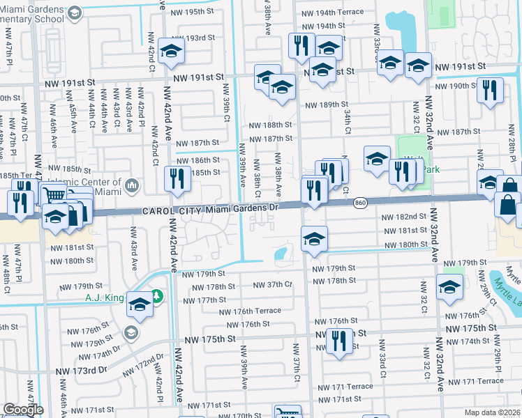 map of restaurants, bars, coffee shops, grocery stores, and more near 3870 Northwest 183rd Street in Miami Gardens