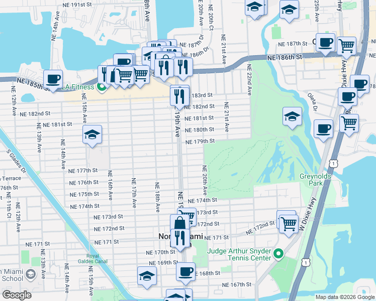 map of restaurants, bars, coffee shops, grocery stores, and more near 1958 Northeast 178th Street in North Miami Beach
