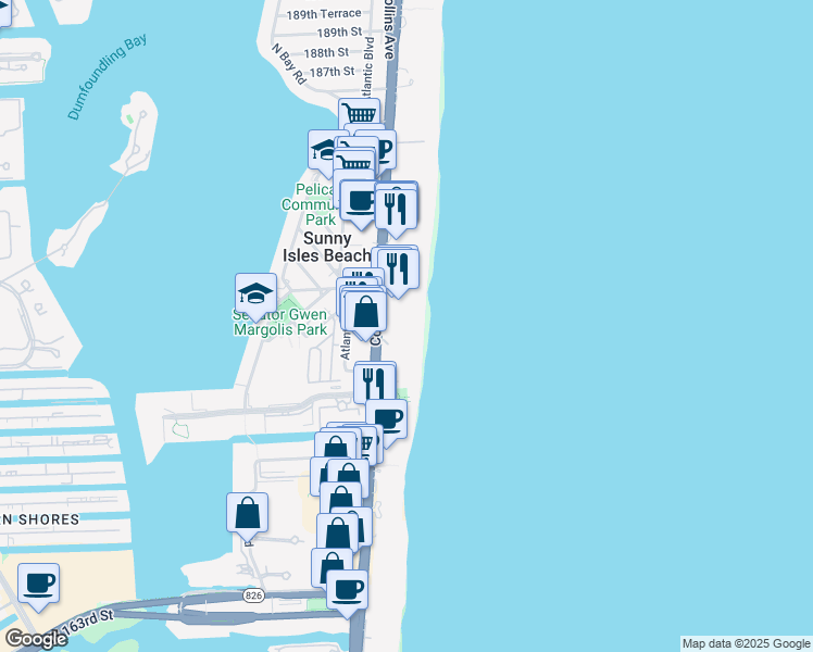 map of restaurants, bars, coffee shops, grocery stores, and more near 17555 Florida A1A in Sunny Isles Beach
