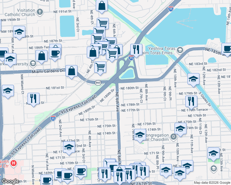 map of restaurants, bars, coffee shops, grocery stores, and more near 17865 Northeast 6th Avenue in Miami