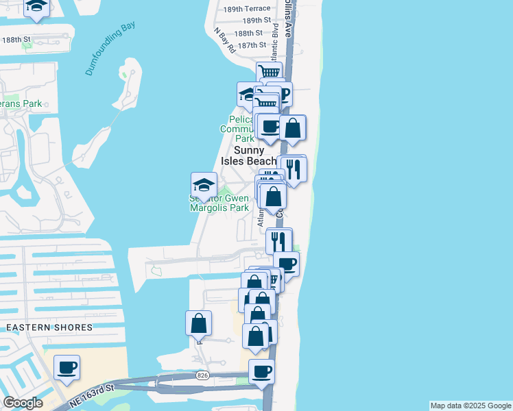 map of restaurants, bars, coffee shops, grocery stores, and more near 17555 Atlantic Boulevard in Sunny Isles Beach