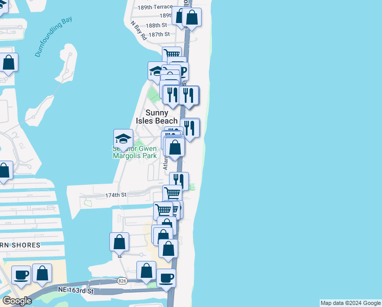 map of restaurants, bars, coffee shops, grocery stores, and more near 17555 Florida A1A in Sunny Isles Beach