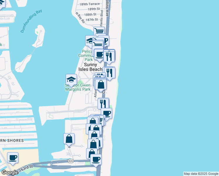 map of restaurants, bars, coffee shops, grocery stores, and more near 17555 Florida A1A in Sunny Isles Beach