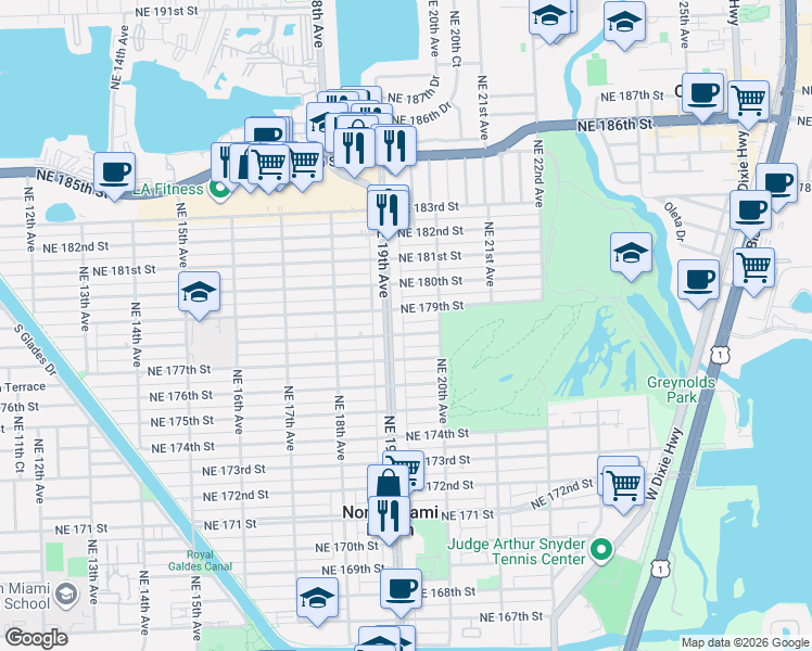 map of restaurants, bars, coffee shops, grocery stores, and more near 1958 Northeast 178th Street in North Miami Beach