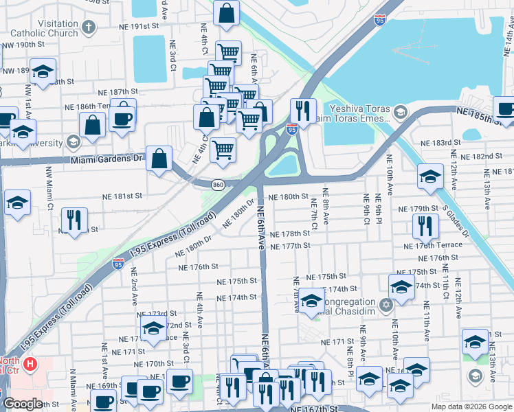 map of restaurants, bars, coffee shops, grocery stores, and more near 17865 Northeast 6th Avenue in Miami