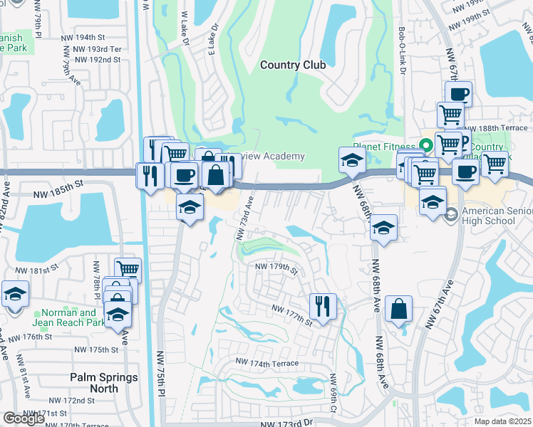 map of restaurants, bars, coffee shops, grocery stores, and more near Coral Gate in Hialeah