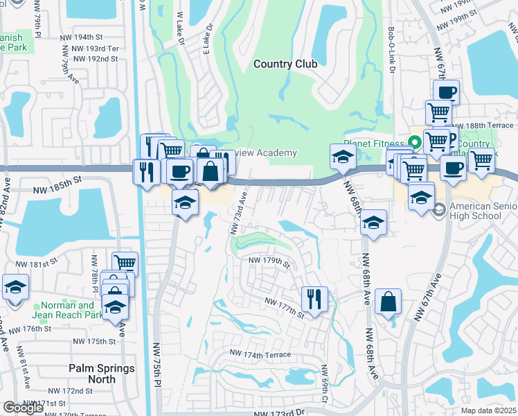 map of restaurants, bars, coffee shops, grocery stores, and more near Coral Gate in Hialeah