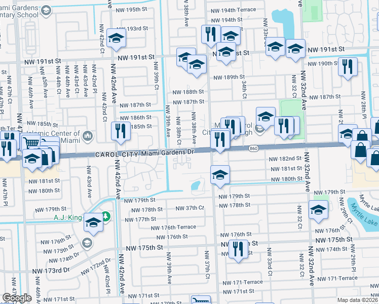 map of restaurants, bars, coffee shops, grocery stores, and more near 3830 Northwest 183rd Street in Miami Gardens