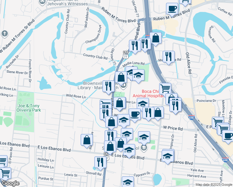 map of restaurants, bars, coffee shops, grocery stores, and more near 2500 Central Boulevard in Brownsville