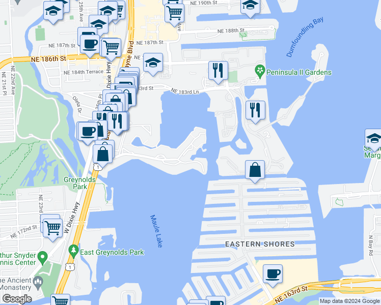 map of restaurants, bars, coffee shops, grocery stores, and more near 2930 Point East Drive in Aventura
