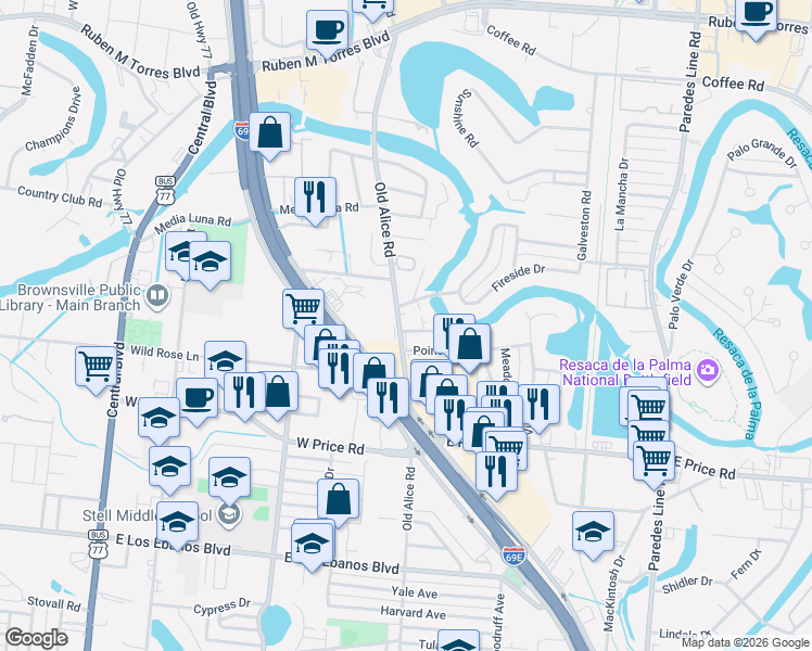 map of restaurants, bars, coffee shops, grocery stores, and more near 2600 Old Alice Road in Brownsville