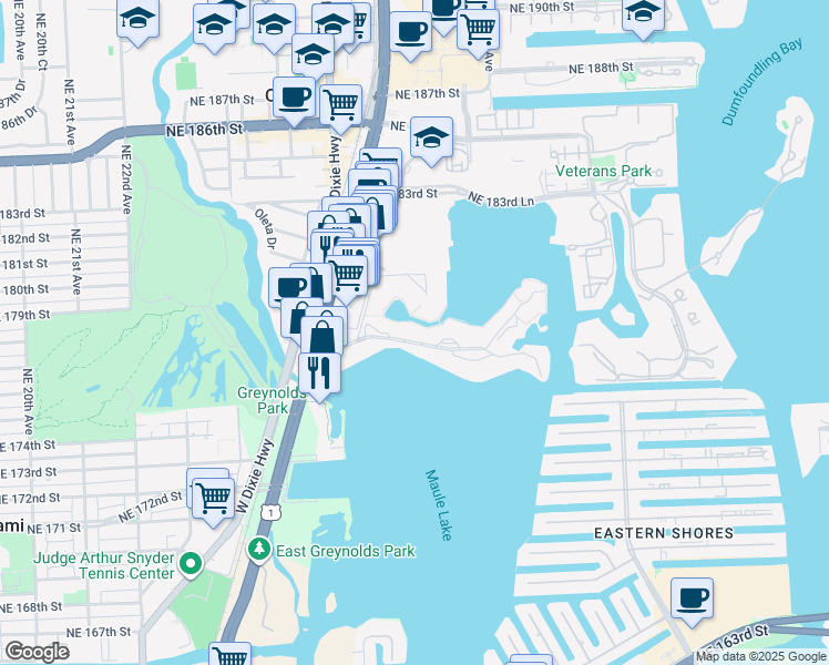 map of restaurants, bars, coffee shops, grocery stores, and more near 2903 Point East Drive in Aventura