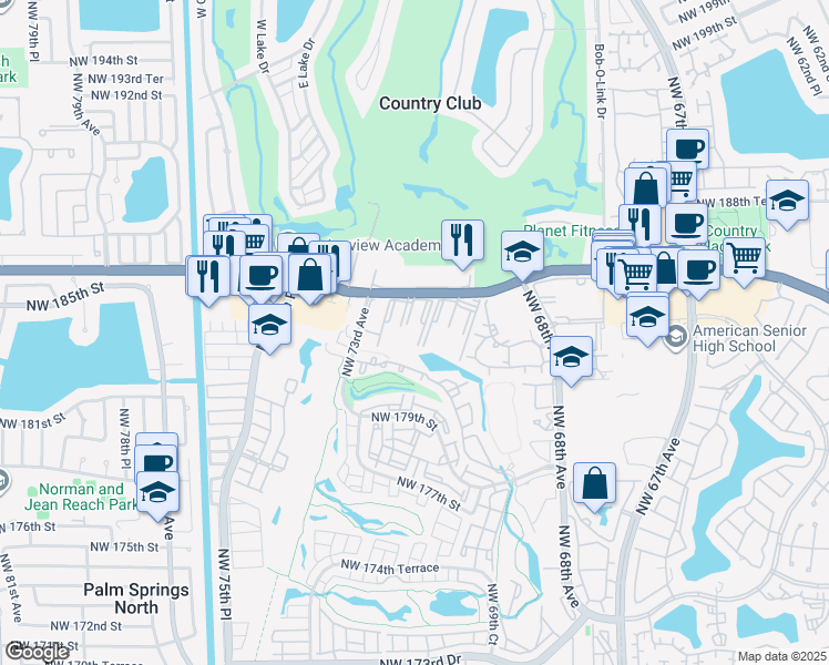 map of restaurants, bars, coffee shops, grocery stores, and more near 6980 Northwest 186th Street in Hialeah