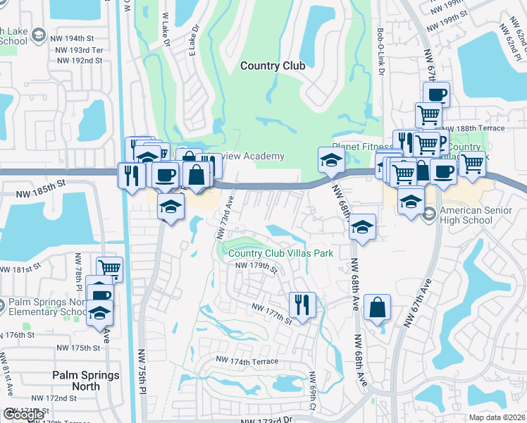 map of restaurants, bars, coffee shops, grocery stores, and more near 6980 Northwest 186th Street in Hialeah
