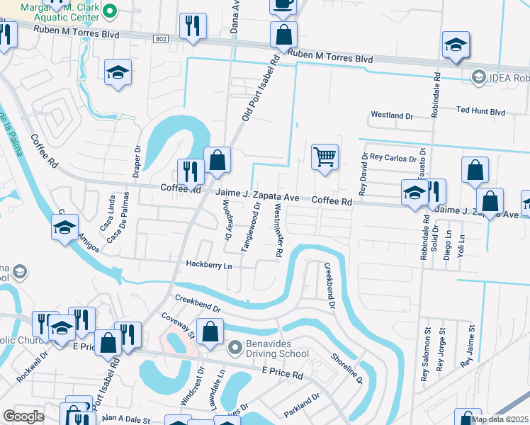 map of restaurants, bars, coffee shops, grocery stores, and more near 1901 Westminster Rd in Brownsville
