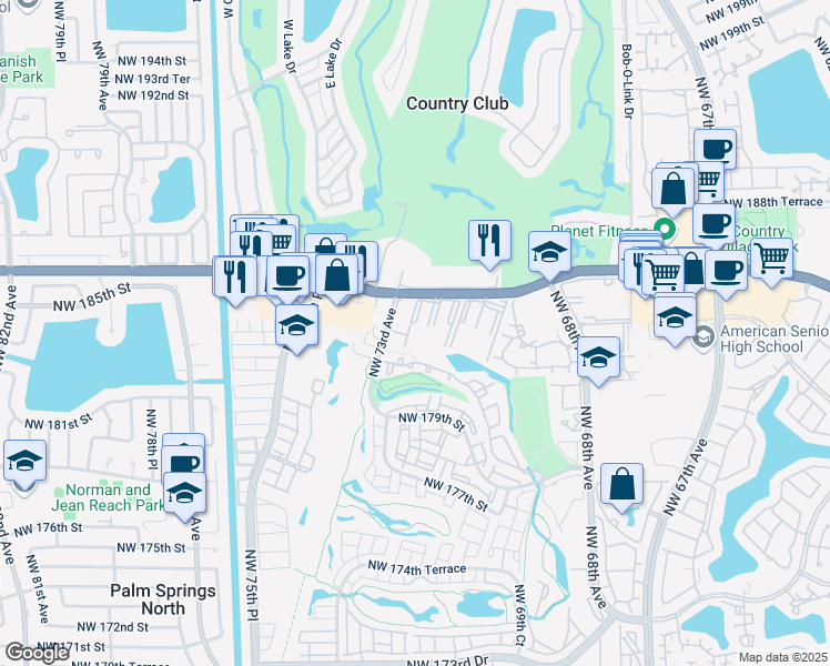 map of restaurants, bars, coffee shops, grocery stores, and more near 7000 Northwest 186th Street in Hialeah