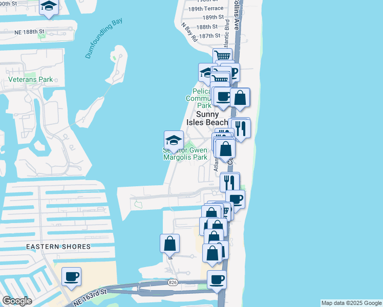map of restaurants, bars, coffee shops, grocery stores, and more near 17775 North Bay Road in Sunny Isles Beach